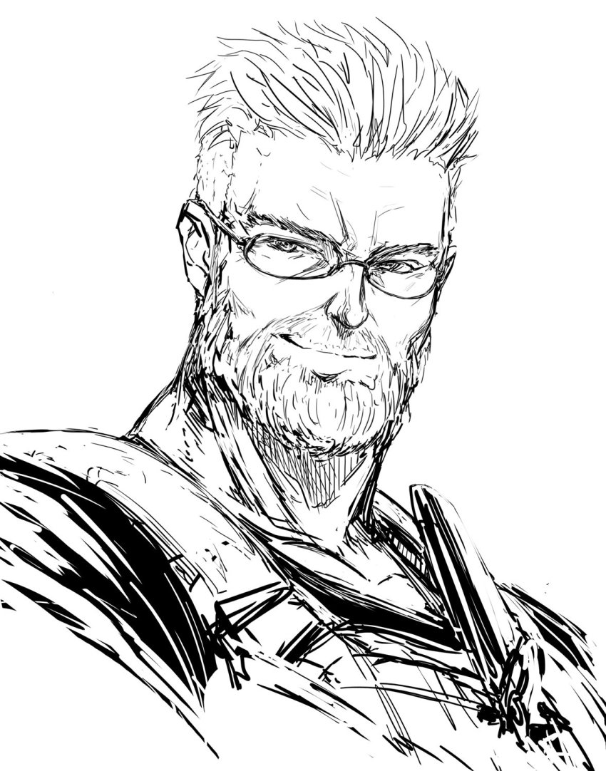 1boy beard closed_mouth commentary facial_hair fate/grand_order fate_(series) glasses greyscale highres imizu_(nitro_unknown) looking_at_viewer male_focus monochrome simple_background sketch smile solo white_background william_tell_(fate)