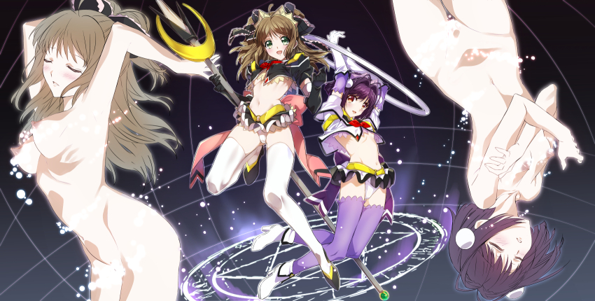 2girls highres magical_girl multiple_girls nipples nude pokonyan tagme thighhighs transformation