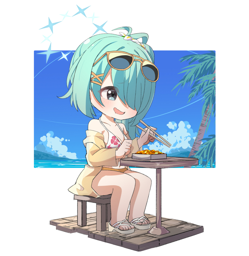 1girl :d ame. bikini bikini_under_clothes blue_archive blue_eyes blue_hair blue_sky breasts brown-framed_eyewear brown_bikini brown_jacket chopsticks cleavage cloud commentary_request day eyewear_on_head floral_print hair_ornament hair_over_one_eye hairclip halo highres hiyori_(blue_archive) hiyori_(swimsuit)_(blue_archive) holding holding_chopsticks jacket large_breasts long_hair long_sleeves mismatched_bikini navel off_shoulder open_clothes open_jacket open_mouth palm_tree print_bikini sandals side_ponytail sitting sky smile solo stool sunglasses swimsuit tree water white_background white_bikini white_footwear x_hair_ornament