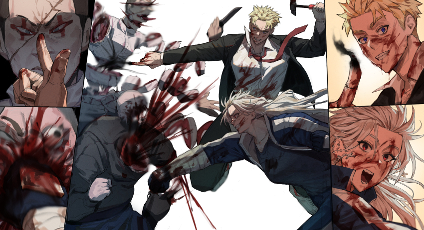 1girl 3boys blonde_hair blood blood_on_face blood_on_hands blood_splatter dorohedoro earrings hammer highres holding holding_hammer holding_knife jewelry knife korean_commentary long_hair multiple_boys multiple_piercings necktie noi_(dorohedoro) park_ongjol red_necktie scar scar_on_face shin_(dorohedoro) slicing smile white_background