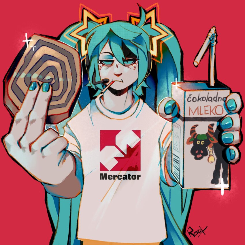 1girl aqua_eyes aqua_hair aqua_nails barcode chocolate_milk cigarette closed_mouth commentary cow drink drinking_straw english_commentary food hair_ornament hatsune_miku headset highres holding holding_drink holding_food logo_print long_hair mercator milk_carton pastry print_shirt red_background roox747 shirt signature simple_background slovenia slovenian_text solo sparkle star_(symbol) star_hair_ornament t-shirt translated upper_body vocaloid white_shirt worldwide_miku