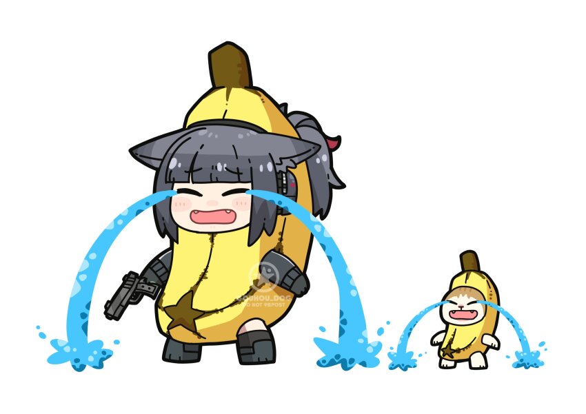 1girl animal_ears arknights banana_costume black_hair cat cat_ears cat_girl chibi crying crying_cat_(meme) dog-san full_body gun handgun highres jessica_(arknights) meme ponytail simple_background streaming_tears tears weapon white_background