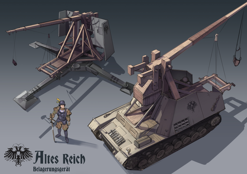 1boy absurdres alternate_universe anachronism armor artillery dieselpunk engineering_nonsense grey_background highres kuromori_(1010845110) military military_vehicle motor_vehicle original sdkfz_165_hummel self-propelled_artillery solo sword trebuchet weapon zweihander