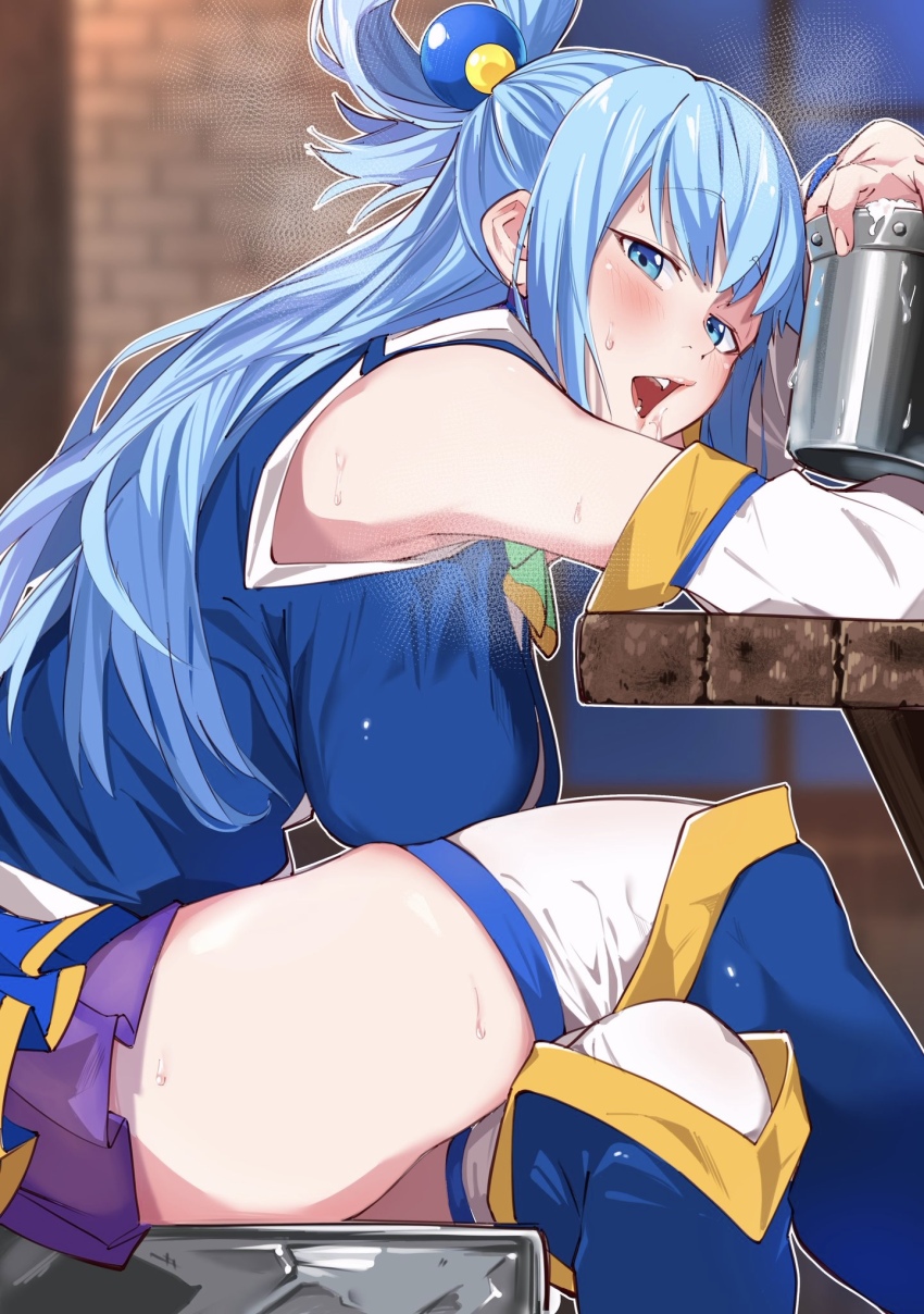 1girl aqua_(konosuba) bare_shoulders blue_eyes blue_hair blue_shirt blush boots border breasts commentary_request crossed_legs cup detached_sleeves elbow_rest hair_bobbles hair_ornament hair_rings half-closed_eyes highres holding holding_cup indoors knee_boots kono_subarashii_sekai_ni_shukufuku_wo! large_breasts long_hair looking_at_viewer looking_to_the_side miniskirt open_mouth pleated_skirt purple_skirt re:ankh_(mrsz4523) shirt single_hair_ring sitting skirt sleeveless sleeveless_shirt solo sweat teeth thighhighs thighhighs_under_boots thighs turning_head upper_teeth_only white_thighhighs wide_sleeves zettai_ryouiki