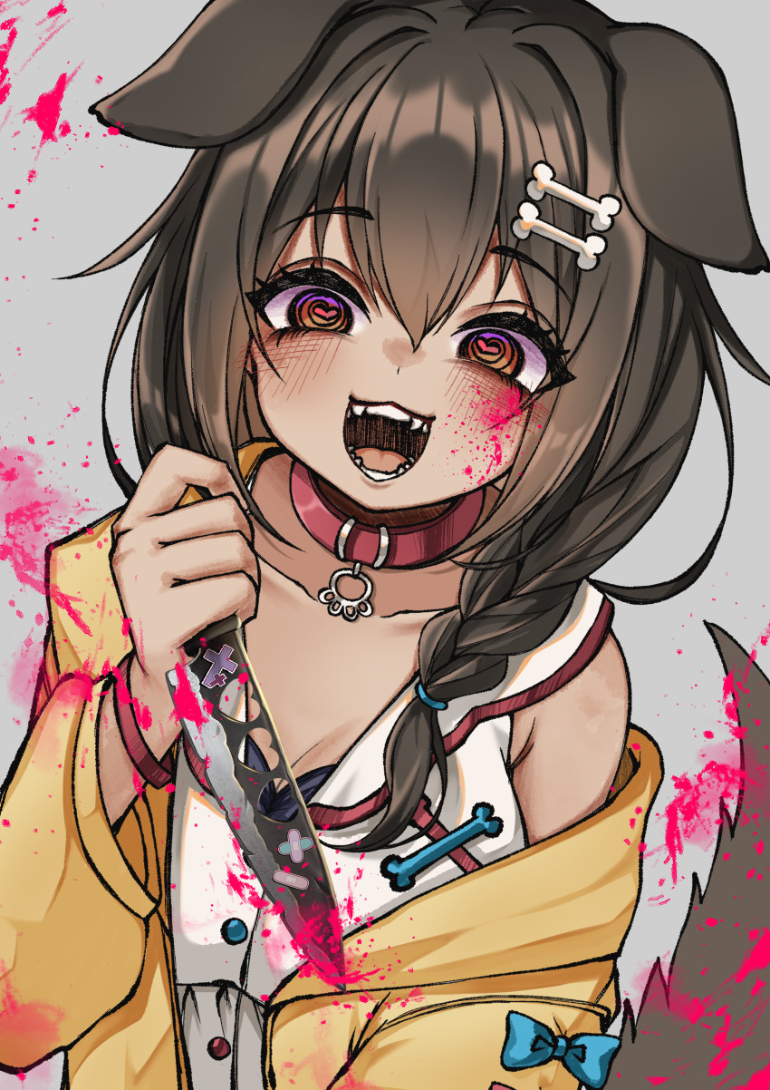 1girl @_@ absurdres animal_collar animal_ears blood blood_on_face blood_stain bone_hair_ornament braid brown_eyes brown_hair collar crazy crazy_eyes crazy_smile dog_ears dog_girl dog_tail dress fangs hair_ornament hairclip heart heart-shaped_pupils highres holding holding_knife holding_weapon hololive inugami_korone inugami_korone_(1st_costume) jacket knife long_hair low_twin_braids low_twintails narurock8925 off_shoulder open_clothes open_jacket pink_blood red_collar sleeveless sleeveless_dress smile symbol-shaped_pupils tail twin_braids twintails virtual_youtuber weapon white_dress yandere yellow_jacket