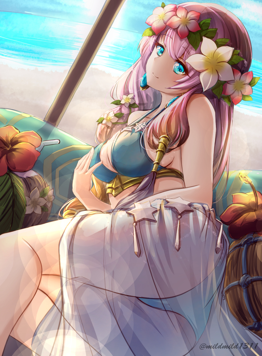 1girl beach bikini breasts clear_glass_(mildmild1311) cleavage coconut day drinking_straw earrings fire_emblem fire_emblem_heroes food fruit fruit_cup gunnthra_(fire_emblem) hair_between_eyes head_wreath highres jewelry large_breasts long_hair looking_at_viewer lying multicolored_hair nintendo official_alternate_costume on_side pink_hair sarong solo swimsuit twitter_username