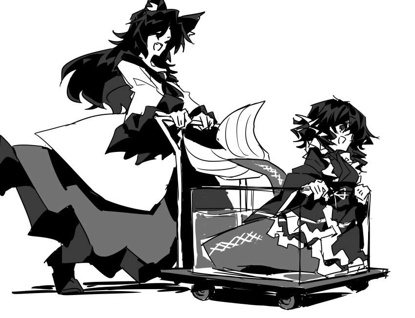 2girls :d ^_^ animal_ears aquarium ascot bad_id bad_pixiv_id boots closed_eyes commentary dress fins fish_tail frilled_kimono frilled_sleeves frills greyscale happy head_fins highres imaizumi_kagerou japanese_clothes kimono long_sleeves mermaid mixed-language_commentary monochrome monster_girl multiple_girls open_mouth pushcart pushing_cart ribbon smile tail togeppoi touhou wakasagihime water wide_sleeves wolf_ears