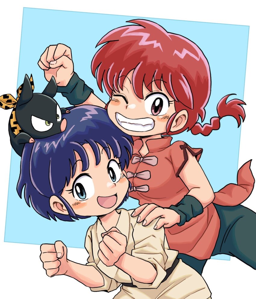 2girls bandana blue_hair braid braided_ponytail chinese_clothes highres konpoko819 multiple_girls one_eye_closed open_mouth p-chan pig ranma-chan ranma_1/2 red_hair short_hair tagme tangzhuang tendou_akane yellow_bandana