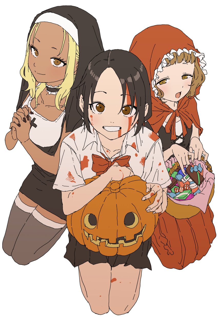 3girls absurdres black_hair black_thighhighs blonde_hair bow bowtie brown_eyes brown_hair candy collarbone dark-skinned_female dark_skin food halloween highres himemiya_yuki ichinose_karina jack-o&#039;-lantern looking_at_viewer manemane_nichinichi multiple_girls nagisa_akane nun pumpkin red_bow red_bowtie red_hood school_uniform shirt simple_background sitting smile thighhighs thighs wariza white_background white_shirt yamamoto_souichirou