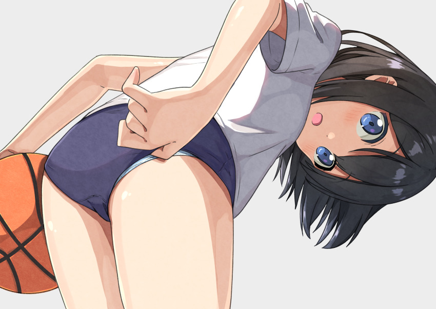 1girl absurdres adjusting_buruma adjusting_clothes ass ball basketball_(object) black_hair blue_buruma blue_eyes blush buruma from_behind gym_uniform highres leaning_forward looking_at_viewer looking_back negimiso1989 open_mouth original panties panties_under_buruma panty_peek shirt short_hair short_sleeves solo thighs underwear white_panties white_shirt