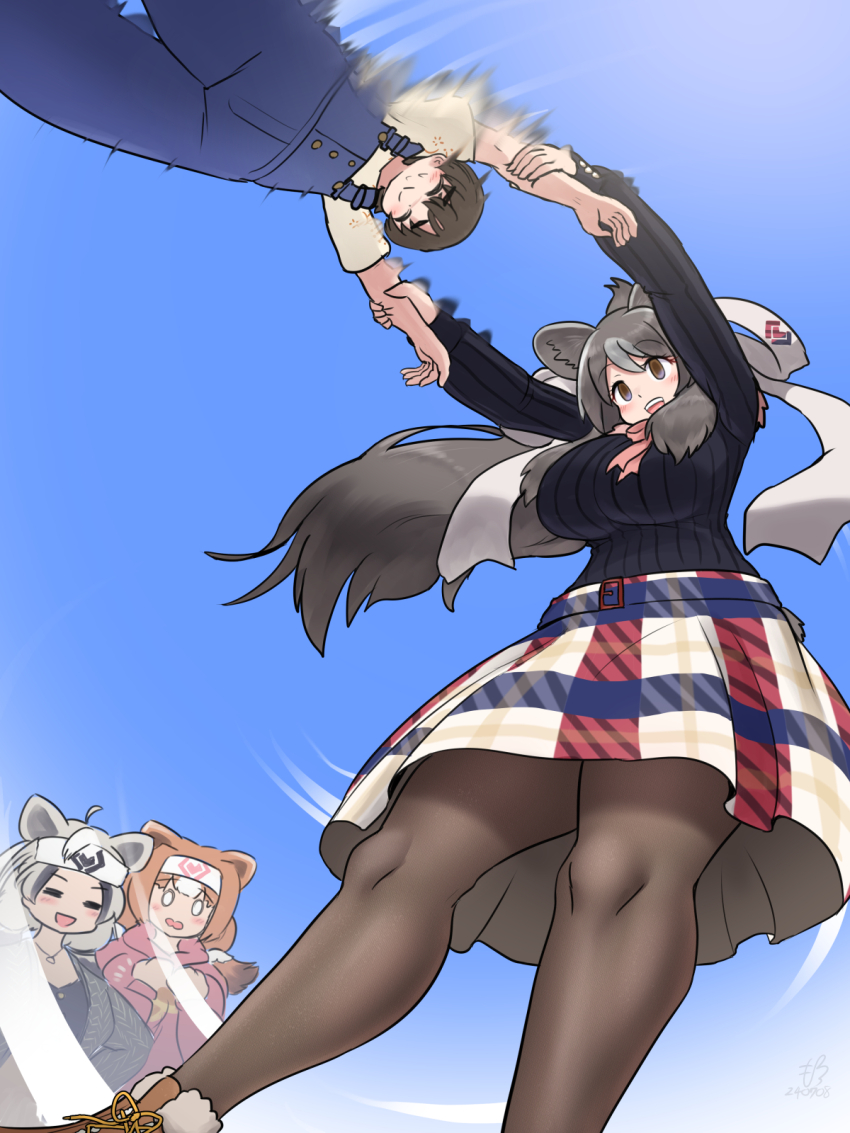 1boy 3girls alternate_costume animal_ears bear_ears bear_girl bear_tail bergman&#039;s_bear_(kemono_friends) black_sweater blue_skirt blush bow bowtie brown_eyes brown_hair brown_pantyhose captain_(kemono_friends) casual denim extra_ears ezo_brown_bear_(kemono_friends) grey_hair hair_between_eyes hair_bow headband highres hood hood_down hoodie jewelry kemono_friends kemono_friends_3 kodiak_bear_(kemono_friends) light_brown_hair long_hair long_sleeves mo23 multicolored_clothes multicolored_hair multicolored_skirt multiple_girls necklace open_mouth overalls pantyhose pink_bow pink_bowtie pink_hoodie plaid_clothes plaid_skirt pleated_skirt red_skirt shirt short_hair short_sleeves sidelocks skirt smile sweatdrop sweater swinging t-shirt tail two-tone_hair white_hair white_shirt white_skirt