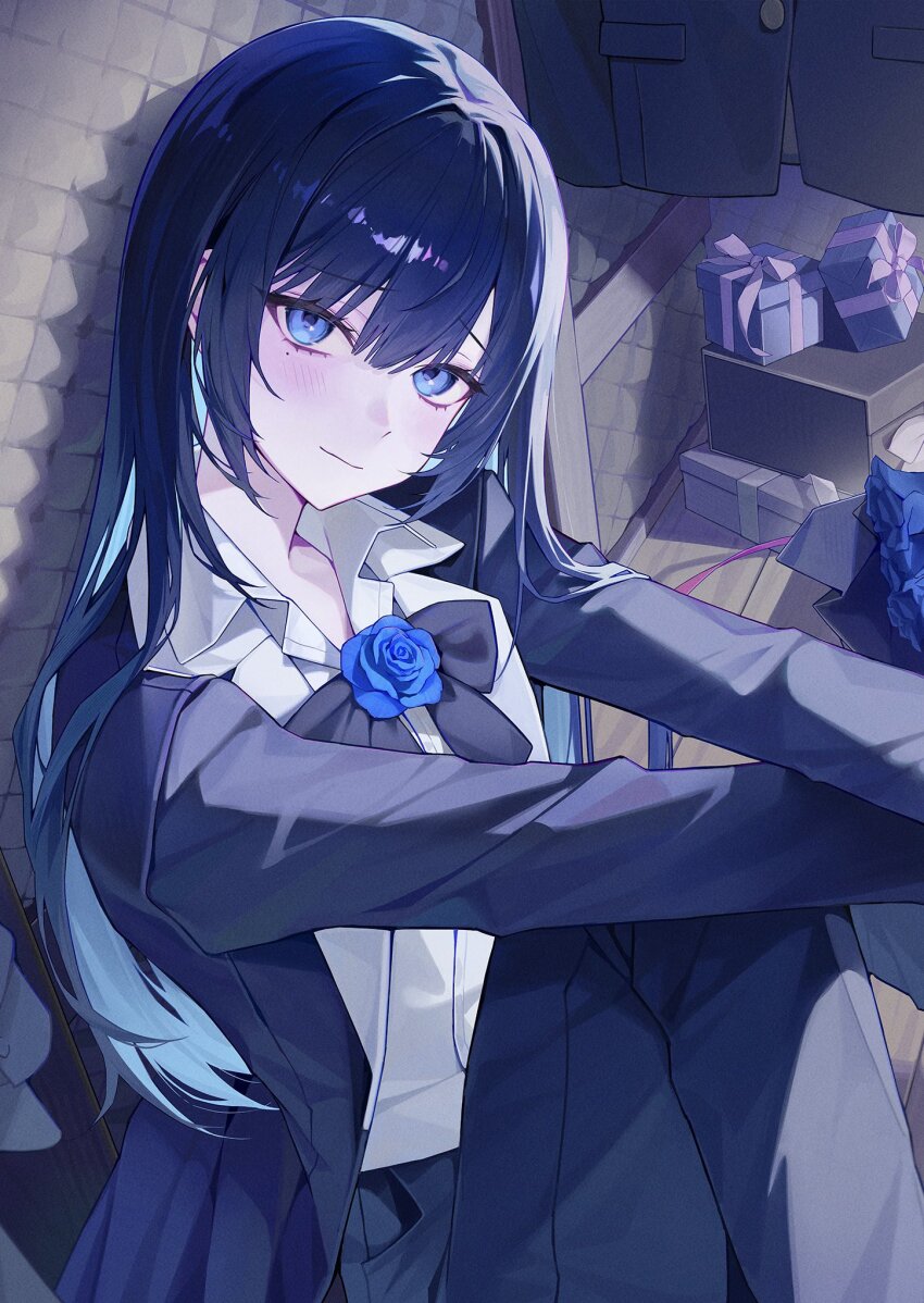 1girl acoustic_foam ado_(utaite) black_bow black_bowtie black_flower black_pants black_rose blue_eyes blue_flower blue_hair blue_rose blush bow bowtie chando_(ado) closed_mouth coat collared_shirt commentary_request dress_shirt flower flower_brooch gift highres korean_commentary long_hair long_sleeves looking_at_viewer mole mole_under_eye myao_(myaodayone) open_clothes open_coat pants rose shirt sidelocks sitting solo utaite white_shirt