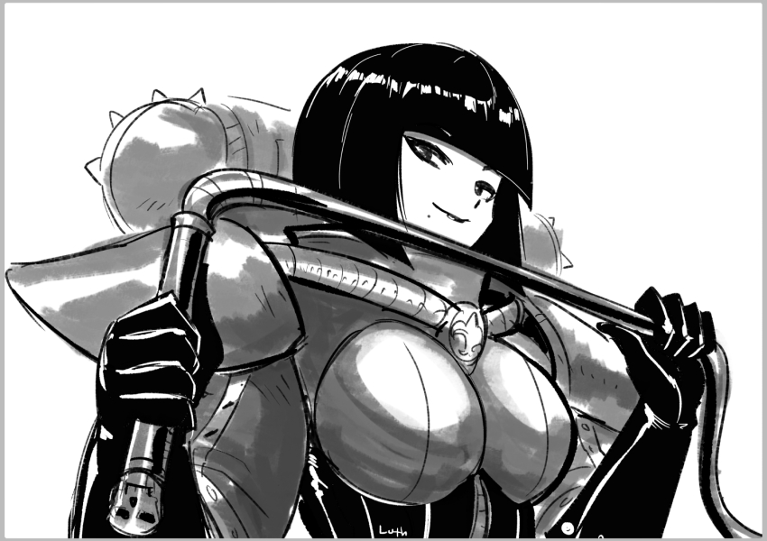 1girl adepta_sororitas armor artist_name backpack bag black_gloves black_hair bob_cut boobplate breastplate gloves holding holding_whip lutherniel mole mole_under_mouth pauldrons power_armor shoulder_armor skull smile solo warhammer_40k white_background