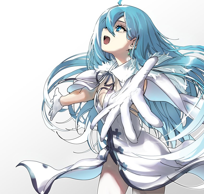 1girl ahoge blue_eyes dress floating_hair fur fur_collar gloves highres iris_league long_dress long_hair outstretched_hand sleeveless sleeveless_dress solo very_long_hair vivy vivy:_fluorite_eye&#039;s_song white_dress white_gloves