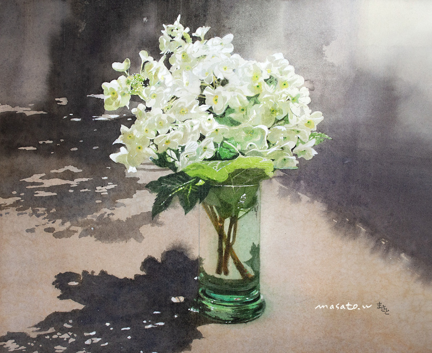 flower glass light no_humans original painting_(medium) plant potted_plant realistic rose shadow traditional_media vase watanabe_masato water watercolor_(medium) white_flower white_rose