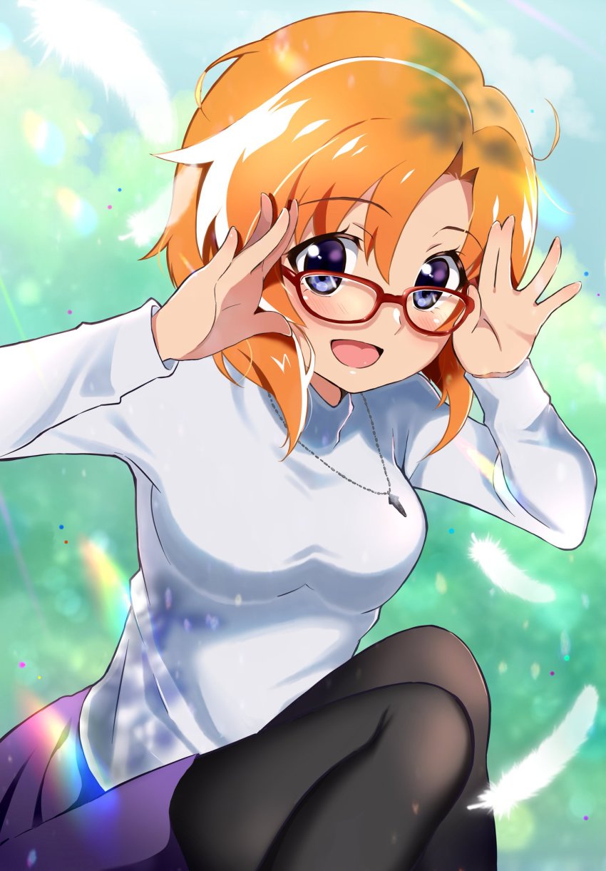 1girl :d arcueid_brunestud arcueid_brunestud_(cosplay) bespectacled black_pantyhose blue_eyes blurry blurry_background blush breasts commentary_request cosplay day falling_feathers feathers feet_up glasses hair_between_eyes hands_up happy highres higurashi_no_naku_koro_ni jewelry long_sleeves looking_at_viewer mashimaro_tabetai medium_breasts medium_hair necklace open_mouth orange_hair pantyhose purple_skirt red-framed_eyewear ryuuguu_rena shirt sitting skirt smile solo turtleneck white_feathers white_shirt