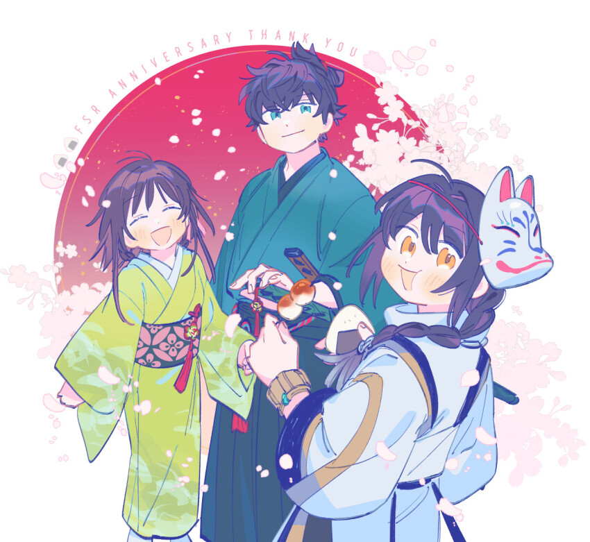 1boy 1girl 1other androgynous black_hair blue_eyes blue_kimono blush braid braided_ponytail brother_and_sister closed_eyes fate/grand_order fate/samurai_remnant fate_(series) flower food fox_mask green_kimono holding holding_food japanese_clothes jewelry kimono long_hair looking_at_viewer mask mask_on_head miyamoto_iori_(fate) obi ogasawara_kaya oneroom-disco open_mouth orange_eyes red_background sash short_hair siblings sidelocks single_braid sword topknot weapon white_background white_kimono yamato_takeru_(fate)