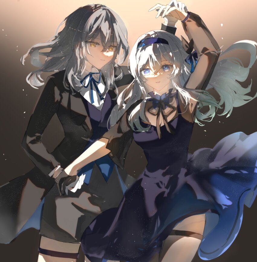 2girls black_dress black_gloves black_vest blue_hairband cowboy_shot dancing dress firefly_(honkai:_star_rail) gloves grey_hair hair_between_eyes hair_intakes hair_ribbon hairband hand_up highres holding_hands honkai:_star_rail honkai_(series) long_hair long_sleeves minutes multiple_girls neck_ribbon ribbon shirt smile stelle_(honkai:_star_rail) thigh_strap trailblazer_(honkai:_star_rail) two-tone_eyes vest white_gloves white_shirt yellow_eyes yuri