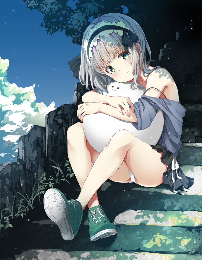 1girl :3 black_hairband blue_sky bob_cut closed_mouth cloud cloudy_sky commentary contemporary dappled_sunlight day frilled_hairband frills green_footwear grey_hair grey_shirt hairband head_tilt highres konpaku_youmu konpaku_youmu_(ghost) long_sleeves looking_at_viewer miniskirt no_socks off_shoulder outdoors panties pantyshot pegashi pleated_skirt shirt shoes short_hair sitting skirt sky smile sneakers solo stairs strap_slip sunlight touhou underwear white_panties