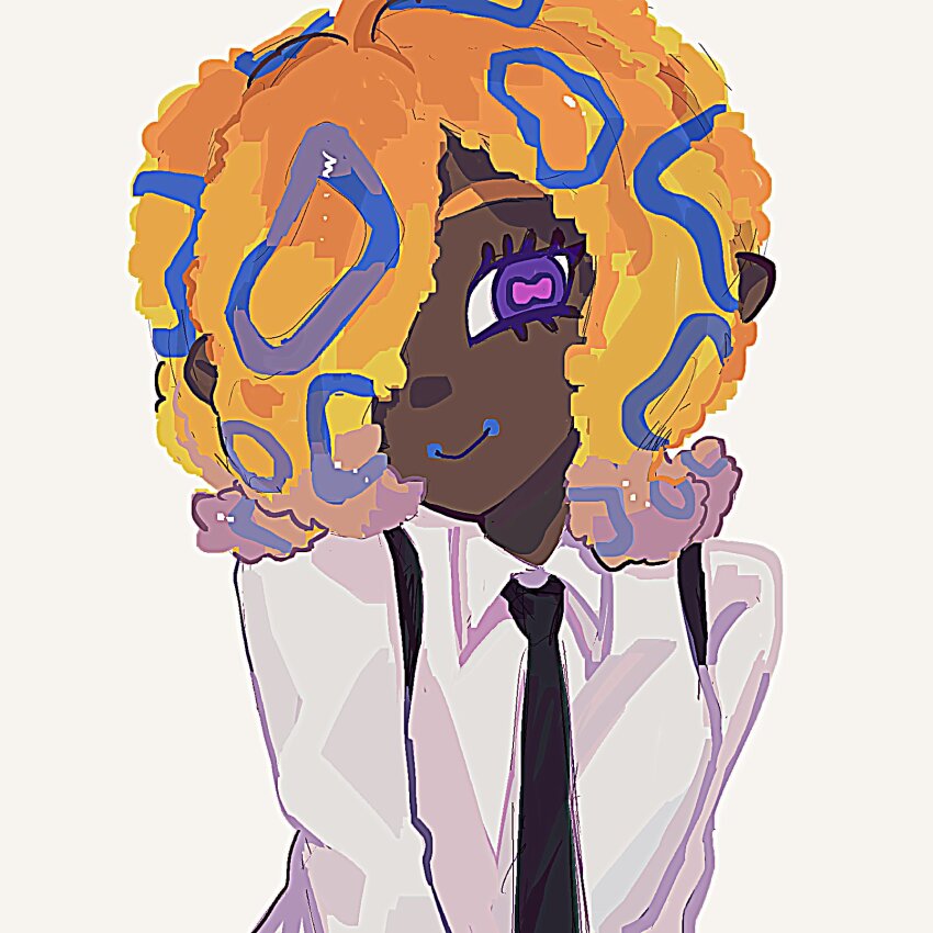 1girl black_necktie collared_shirt dark-skinned_female dark_skin highres kashi_xt necktie nintendo orange_hair print_hair shirt simple_background solo splatoon_(series) splatoon_3 tao_blu upper_body white_background white_shirt