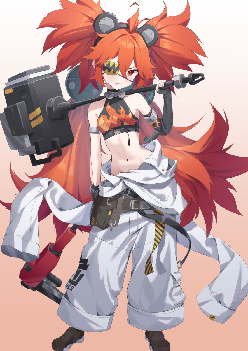 1girl absurdres ahoge animal_ears bare_shoulders bear_ears black_gloves breasts crop_top eyepatch fake_animal_ears fingerless_gloves gloves hair_between_eyes highres holding koleda_belobog long_hair looking_at_viewer midriff navel nikoneko pants red_eyes red_hair shirt sleeveless twintails zenless_zone_zero