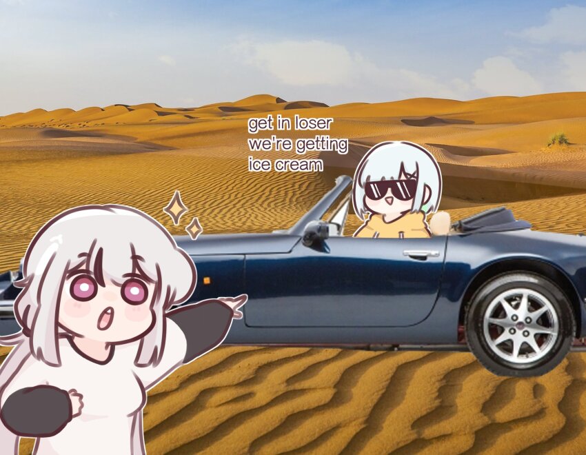 2girls :&gt; artist_self-insert black_hair blue_sky blush_stickers breasts car chonkyorca cloud cloudy_sky commentary day desert drawstring english_commentary english_text grey_hair highres hood hood_down hoodie long_sleeves low_twintails medium_breasts motor_vehicle multicolored_hair multiple_girls open_mouth orca_(chonkyorca) original outdoors outstretched_arm photo_background photo_inset pointing puffy_long_sleeves puffy_sleeves purple_eyes shirt sky sparkle streaked_hair sunglasses triangle_mouth twintails white_shirt yellow_hoodie