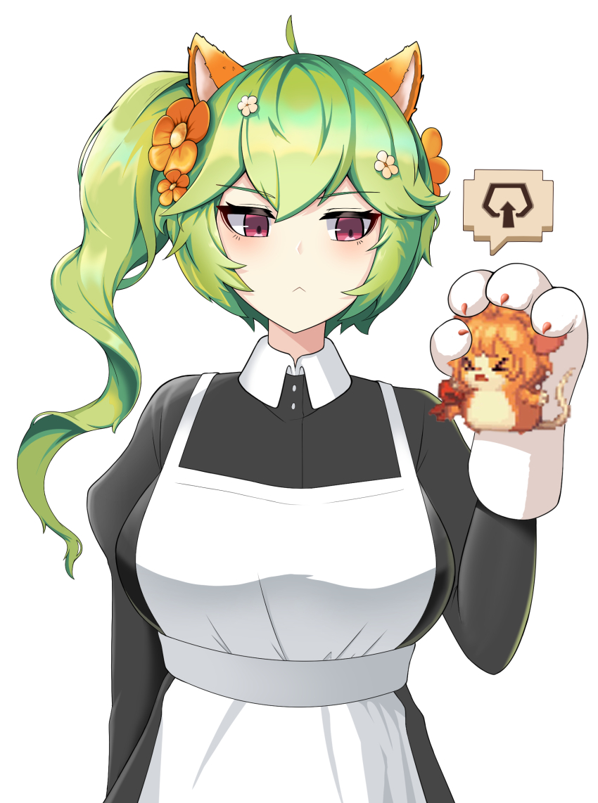 2girls :&lt; absurdres ahoge animal_ears animal_hands apron bails cat_paws crossed_bangs eight-tailed_fox_nari expressionless fake_animal_ears flower green_hair guardian_tales hair_flower hair_ornament highres holding looking_at_another maid maid_apron mayreel_(guardian_tales) multiple_girls official_alternate_costume pink_eyes pixel_art ponytail upper_body white_background