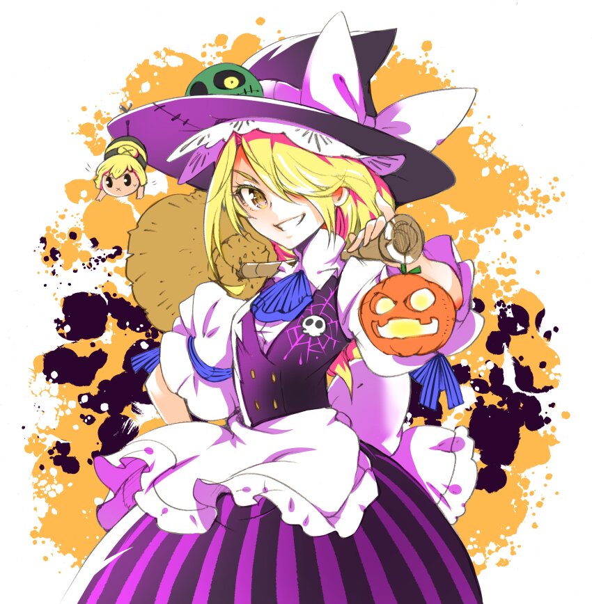 1girl absurdres apron ascot black_hat black_vest blonde_hair blue_ascot broom frilled_apron frills grin hair_over_one_eye halloween halloween_costume hat highres holding holding_broom ichizen_(o_tori) jack-o&#039;-lantern kirisame_marisa long_hair looking_at_viewer one-hour_drawing_challenge shirt short_sleeves skirt smile solo striped_clothes striped_skirt touhou vertical-striped_clothes vertical-striped_skirt vest waist_apron white_apron white_shirt witch_hat yellow_eyes