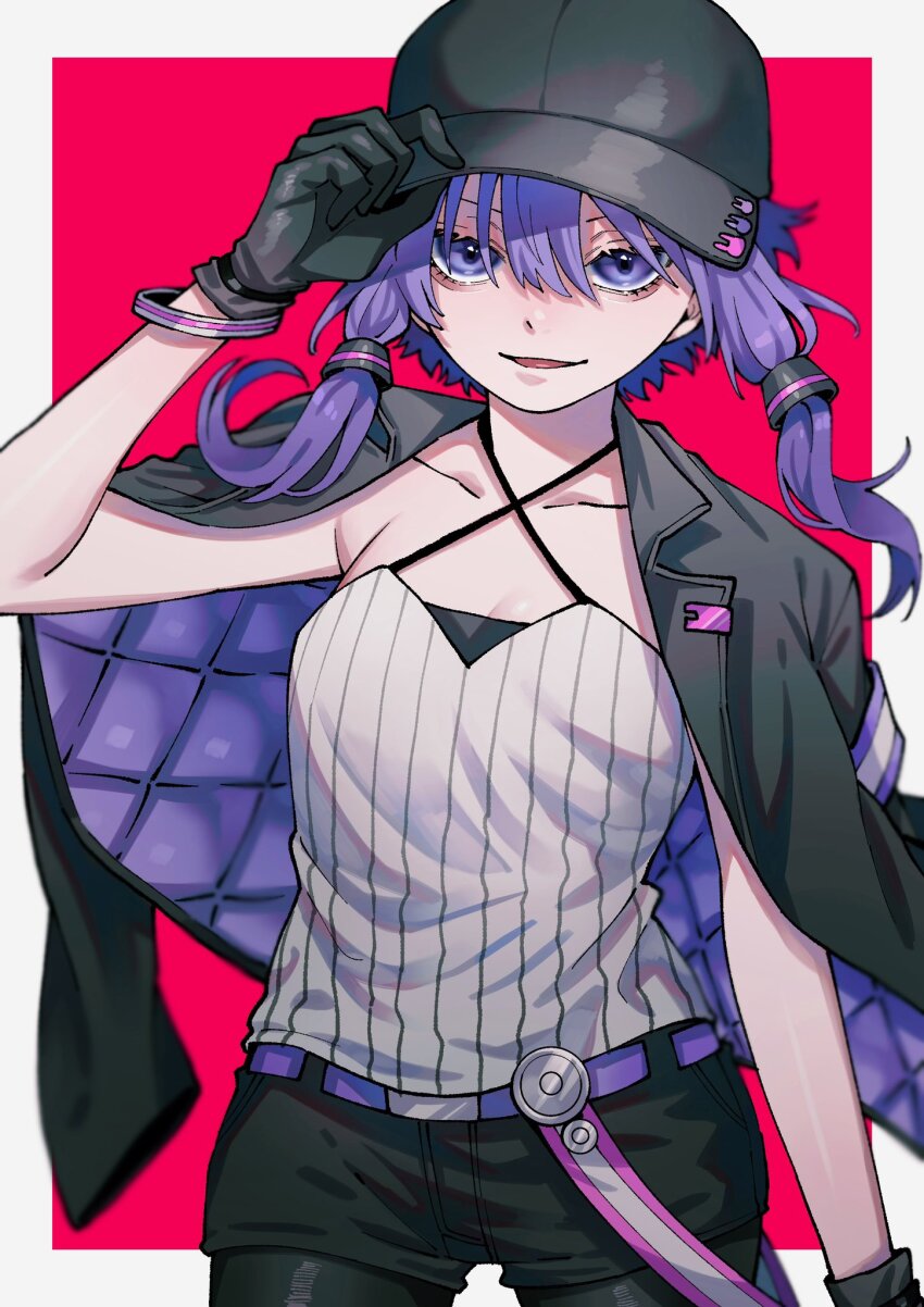 1girl a.i._voice aegyo_sal arm_at_side baseball_cap belt black_gloves black_hat black_jacket black_shorts border bracelet cowboy_shot criss-cross_halter dokusanchu gloves halter_shirt halterneck hand_on_headwear hat highres jacket jacket_on_shoulders jewelry looking_at_viewer multicolored_clothes multicolored_jacket open_mouth outside_border purple_belt purple_eyes purple_hair purple_jacket quilted_clothes red_background ribbed_shirt shirt short_shorts shorts smirk solo tsurime two-tone_jacket voiceroid white_border white_shirt yuzuki_yukari yuzuki_yukari_(nagi)