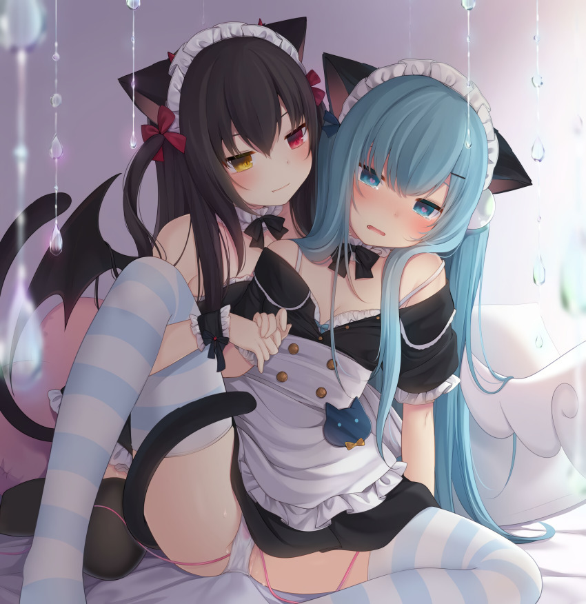 2girls amashiro_natsuki animal_ears blush cat_ears cat_tail highres maid matsuri_(amashiro_natsuki) multiple_girls panties ribbon sex_toy tail tears teasing thighhighs thighs underwear vibrator vibrator_under_clothes vibrator_under_panties wings