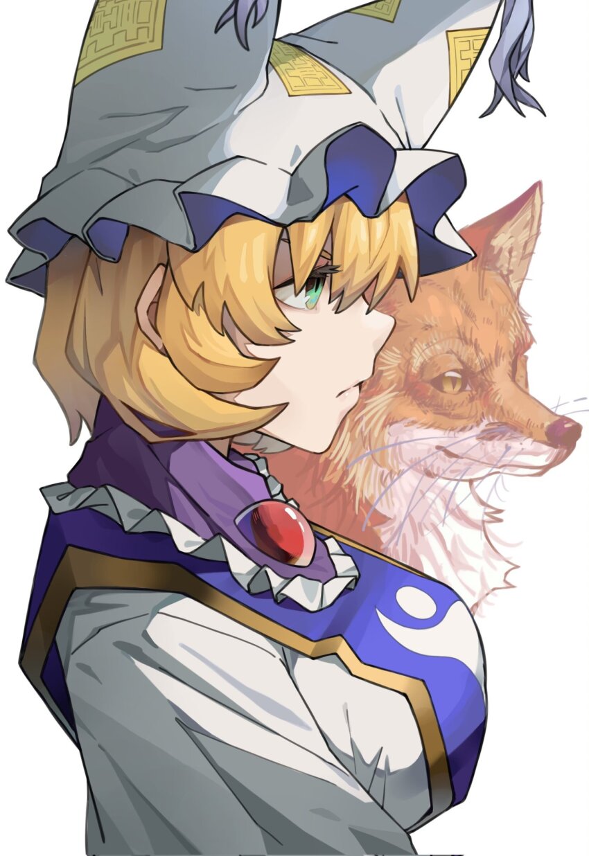 1girl animal_ear_fluff animal_ears blonde_hair breasts closed_mouth dress expressionless fox frills from_side green_eyes hair_between_eyes hat highres large_breasts long_sleeves mob_cap onionmay profile puffy_sleeves shirt short_hair simple_background solo tabard tassel touhou upper_body whiskers white_background white_dress white_shirt yakumo_ran yellow_eyes