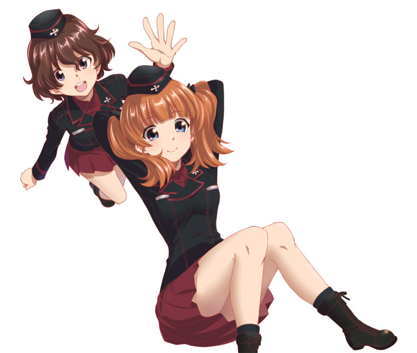 2girls akaboshi_koume black_hat black_jacket black_skirt blue_eyes brown_hair garrison_cap girls_und_panzer girls_und_panzer_phase_erika grey_shirt hair_tie hat jacket kuromorimine_military_uniform kuromorimine_school_uniform long_hair miniskirt multiple_girls official_art orange_hair red_skirt rou_leila school_uniform shirt skirt twintails