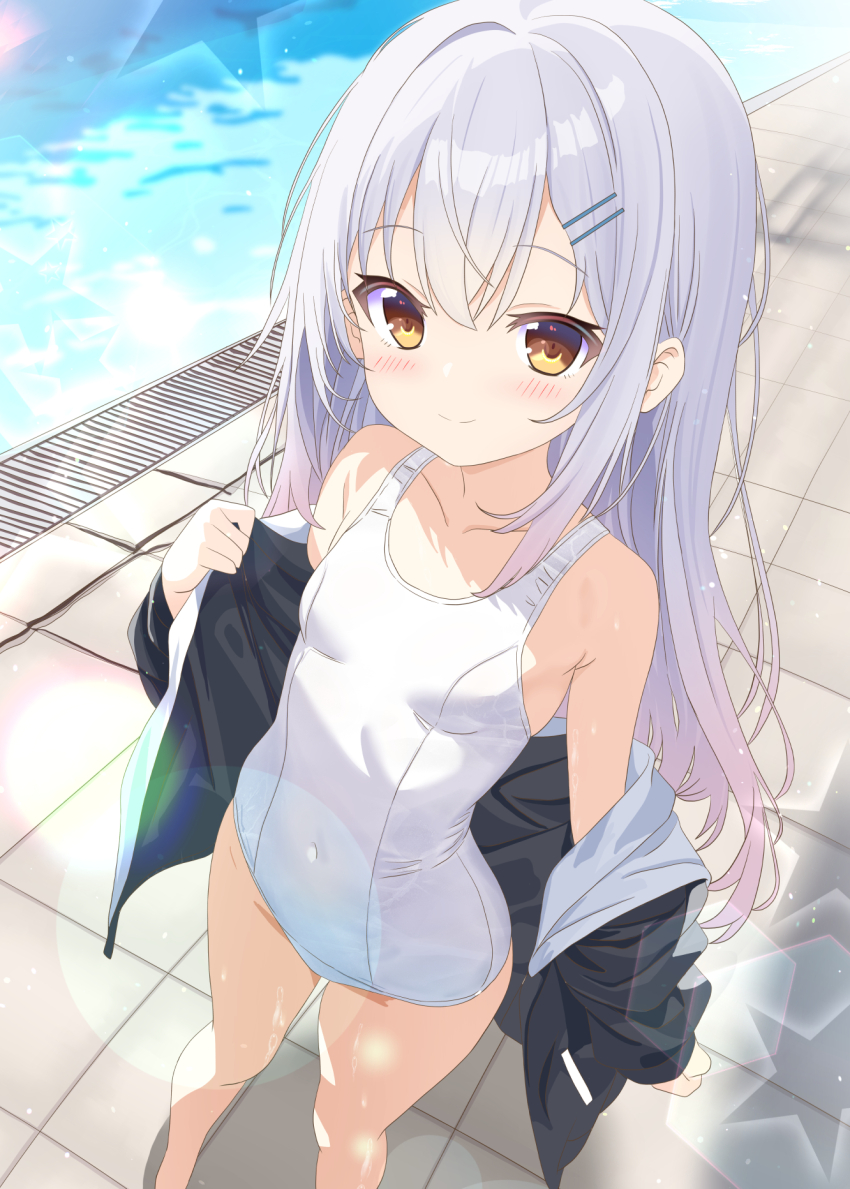 1girl aruka_(alka_p1) black_jacket brown_eyes feet_out_of_frame flat_chest hair_ornament hairclip highres jacket jacket_partially_removed one-piece_swimsuit original pool poolside school_swimsuit solo standing swimsuit translation_request water white_hair white_one-piece_swimsuit