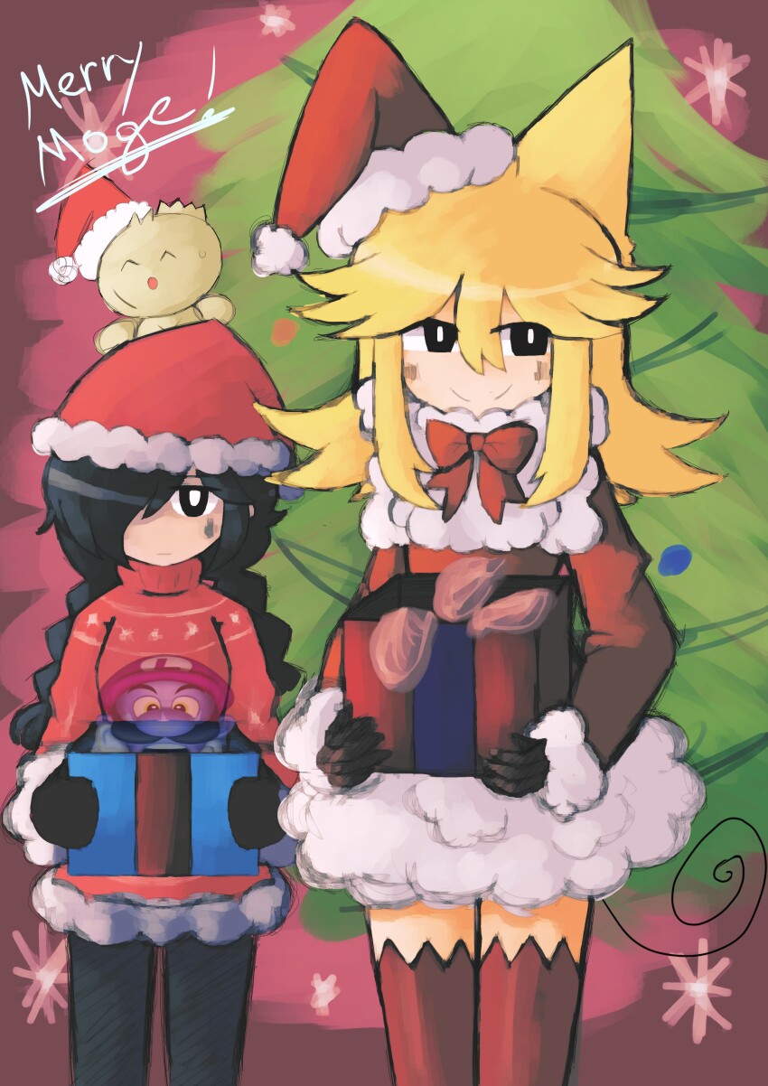 2girls absurdres alternate_costume animal_ears black_gloves black_hair black_pantyhose blonde_hair bright_pupils christmas christmas_tree closed_mouth commentary english_commentary funamusea gloves hair_between_eyes hair_over_one_eye hat highres iesonatana kurai_yonaka long_hair long_sidelocks looking_at_viewer moge-ko mogeko_(species) mogeko_castle multiple_girls one_eye_covered pantyhose red_sweater red_thighhighs santa_costume santa_hat sidelocks smile standing sweater thighhighs very_long_hair white_pupils