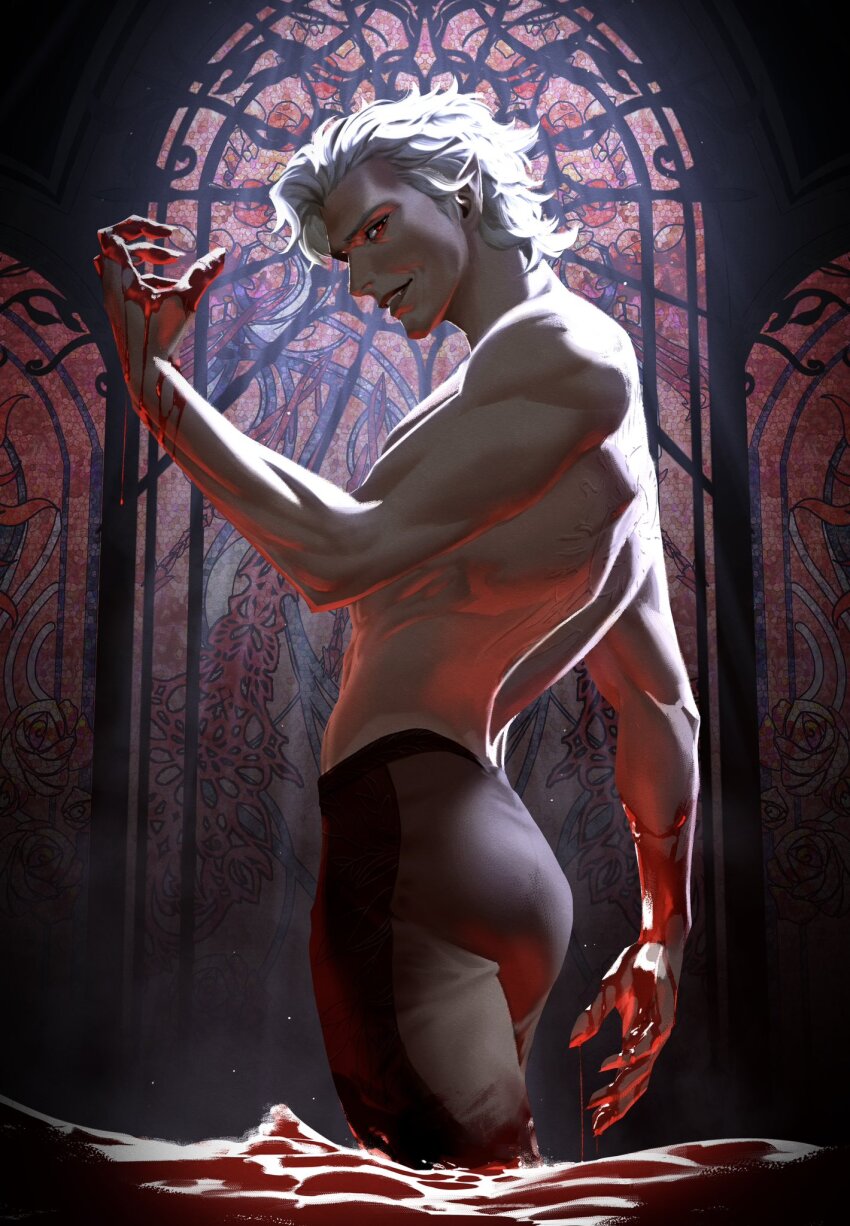 1boy abs arm_up astarion back back_muscles baldur&#039;s_gate baldur&#039;s_gate_3 bare_shoulders black_pants blood blood_on_hands blood_on_mouth branded commentary cropped_legs dungeons_&amp;_dragons dungeons_&amp;_dragons explodikid fangs groin highres looking_back male_focus pants parted_lips pectorals pointy_ears red_eyes sidepec skin_tight solo stained_glass tight_clothes tight_pants toned toned_male topless_male vampire white_hair