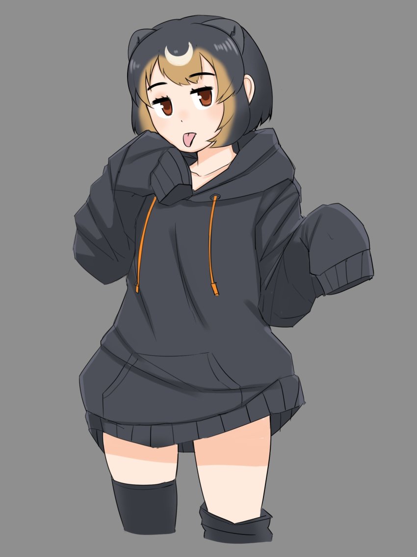 1girl :p adapted_costume animal_ears bear_ears bear_girl black_hair black_hoodie black_thighhighs blush brown_eyes commentary cowboy_shot drawstring extra_ears grey_background highres hood hood_down hoodie kemono_friends light_brown_hair long_hoodie long_sleeves multicolored_hair nanoder short_hair sleeves_past_wrists solo sun_bear_(kemono_friends) thighhighs tongue tongue_out zettai_ryouiki