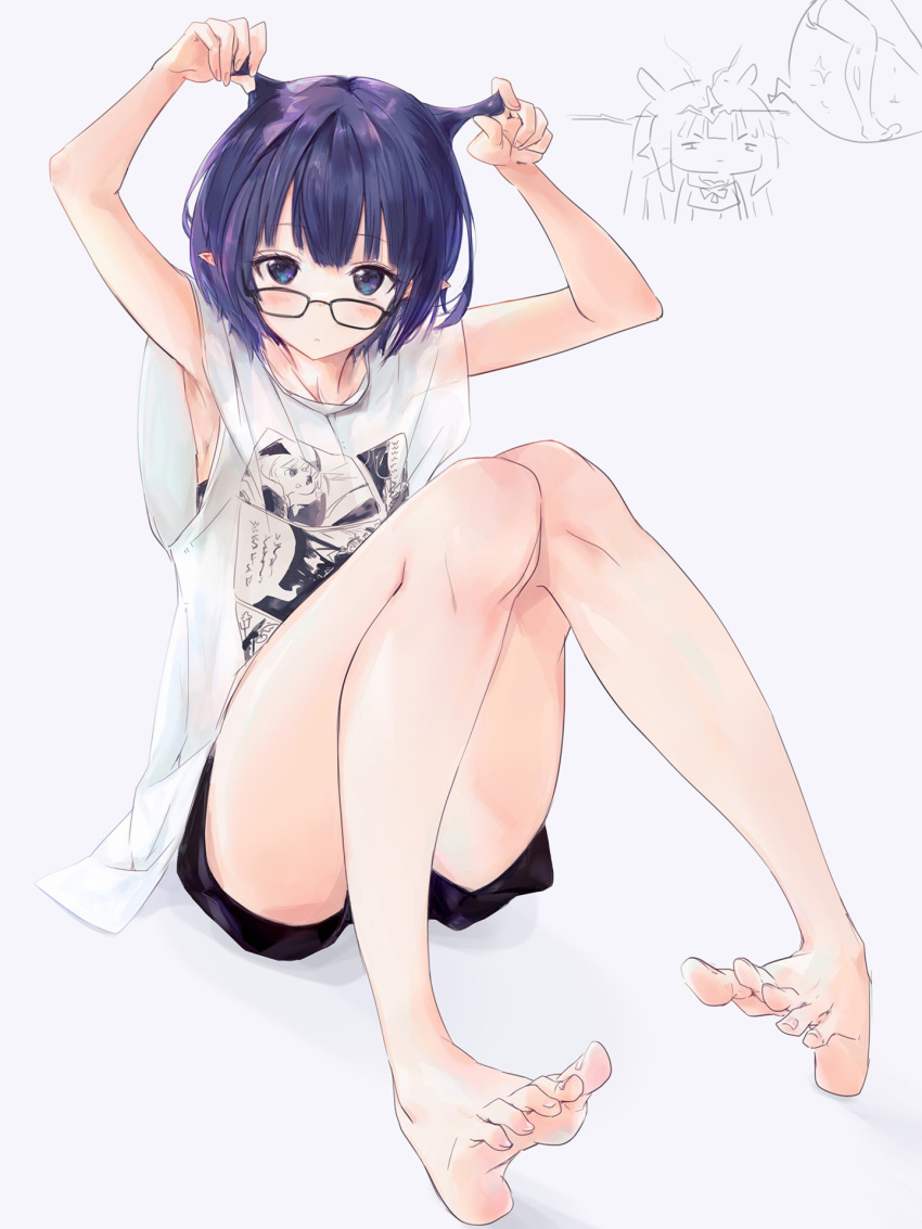 1girl armpits arms_up barefoot black-framed_eyewear black_shorts blue_eyes breasts collarbone commentary convenient_leg extra_ears eyelashes feet full_body glasses grey_background highres hololive hololive_english knees_together_feet_apart knees_up legs looking_at_viewer medium_hair ninomae_ina&#039;nis ninomae_ina&#039;nis_(1st_costume) ninomae_ina&#039;nis_(loungewear) official_alternate_costume on_ground oversized_clothes oversized_shirt pointy_ears print_shirt purple_hair shadow shirt shorts sidelocks sitting small_breasts soles t-shirt tallgeese_(lgeesel) thighs toenails virtual_youtuber