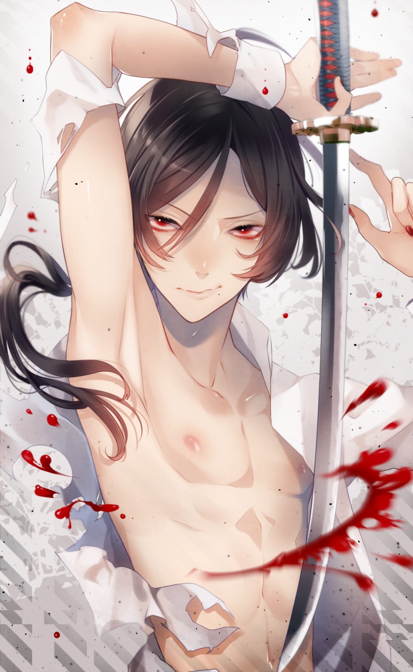 10s 1boy bad_id bad_pixiv_id blood blurry brown_hair depth_of_field highres kashuu_kiyomitsu katana looking_at_viewer male_focus mole mole_under_mouth nail_polish navel nipples nipponia_nippon ponytail red_eyes red_nails topless_male smile sword torn_clothes touken_ranbu weapon