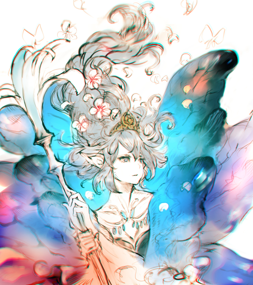 1girl blue_eyes blue_wings butterfly_wings chromatic_aberration collarbone final_fantasy final_fantasy_xiv flower grey_hair hair_between_eyes hair_flower hair_ornament highres holding holding_staff insect_wings kuroimori long_hair parted_lips petals pointy_ears solo staff tiara titania_(final_fantasy) white_flower wings