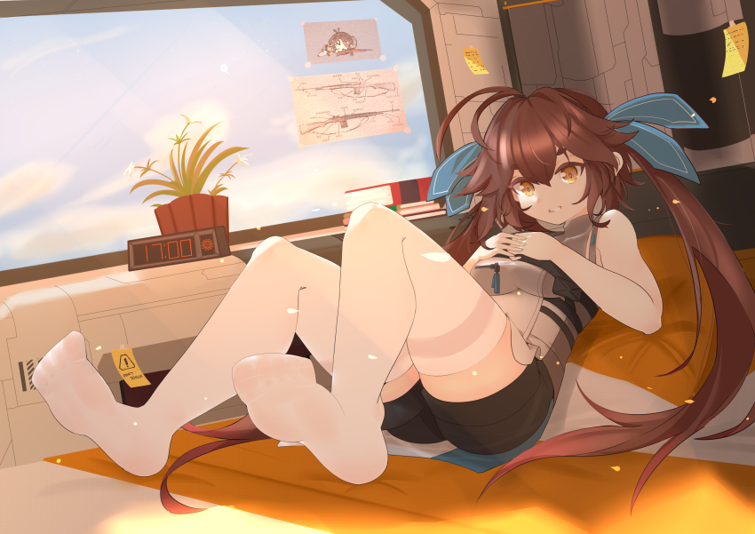 1girl absurdres alarm_clock antenna_hair battle_rifle black_shorts blue_ribbon blue_sky book breasts brown_hair clock commentary_request day diagram feet full_body girls&#039;_frontline girls&#039;_frontline_2:_exilium grin gun hair_between_eyes hair_ribbon highres indoors long_hair lying m14 m14_(girls&#039;_frontline) medium_breasts no_shoes nokialia_(sinoteenme) on_back own_hands_together plant potted_plant ribbon rifle shirt shorts sky sleeveless sleeveless_shirt smile soles solo sticky_note thighhighs toes turtleneck turtleneck_shirt twintails very_long_hair weapon white_thighhighs yellow_eyes