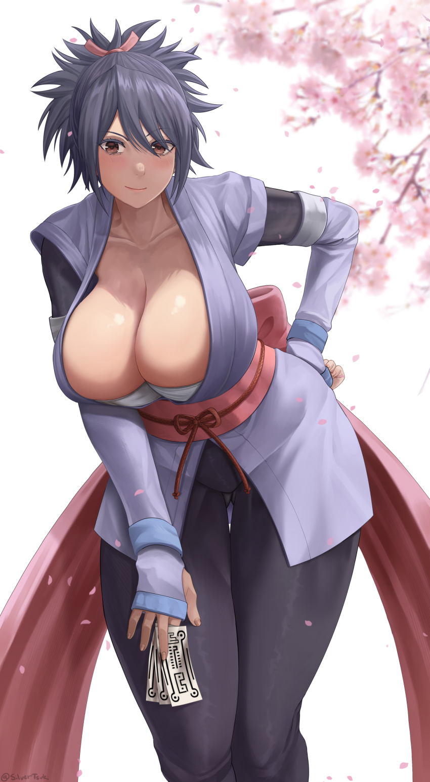 1girl absurdres black_hair black_pants blush branch breasts brown_hair cherry_blossoms cleavage closed_mouth collarbone commentary_request falling_petals feet_out_of_frame fujibayashi_sheena hair_between_eyes hair_ornament hand_on_own_hip highres holding holding_paper huge_breasts japanese_clothes kimono leaning_forward looking_at_viewer ninja obi ofuda pants paper petals pink_sash purple_hair purple_kimono sash silvertsuki smile solo spiked_hair tales_of_(series) tales_of_symphonia talisman white_background