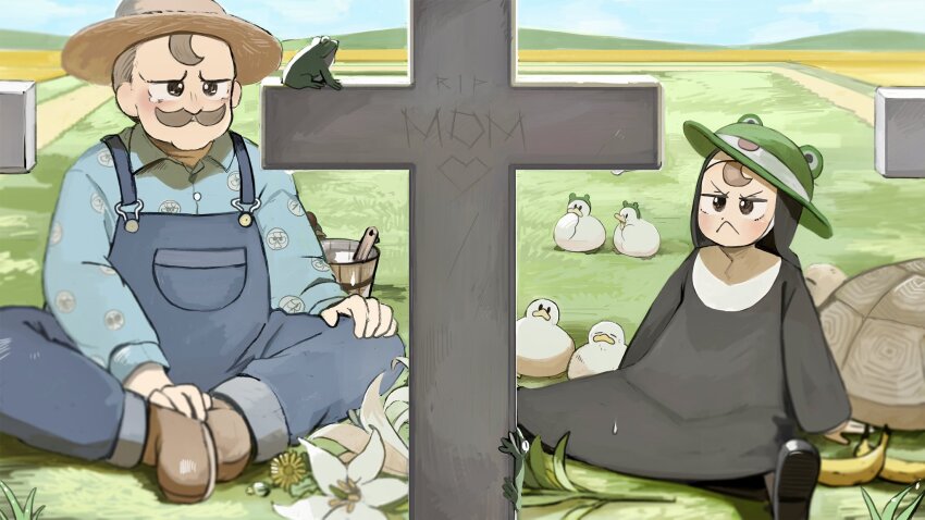 1boy 1girl :&lt; banana bird black_footwear blue_overalls blue_shirt brown_eyes brown_footwear brown_hair brown_hat chicken commentary diva_(hyxpk) duck english_commentary facial_hair father_and_daughter food frog_headband froggy_nun&#039;s_father_(diva) froggy_nun_(diva) fruit grave green_hat habit hat highres little_nuns_(diva) mustache nun overalls shirt traditional_nun turtle