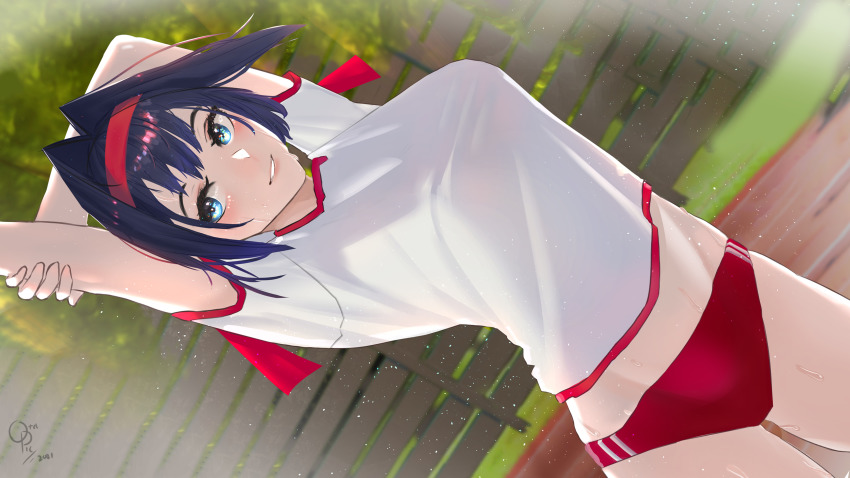 1girl absurdres arms_up blue_eyes blue_hair breasts buruma fence gym_uniform highres holocouncil hololive hololive_english large_breasts looking_at_viewer midriff_peek otapic ouro_kronii outdoors red_ribbon ribbon smile stomach stretching sweat tilted_background track_and_field track_marks virtual_youtuber