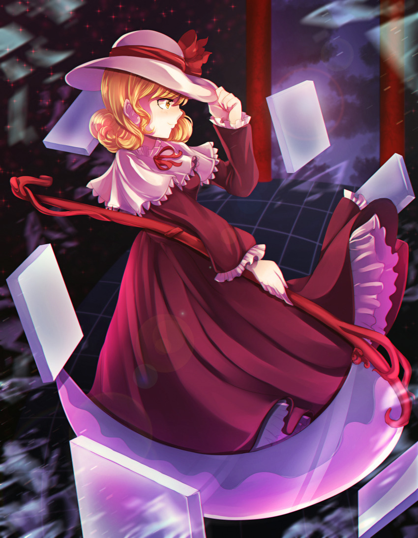 1girl absurdres blonde_hair bow capelet closed_mouth commentary dress dungeon_toaster elly_(touhou) english_commentary frilled_sleeves frills from_side hand_on_headwear hat hat_bow hat_ribbon highres holding holding_scythe holding_weapon long_sleeves medium_hair mixed-language_commentary petticoat red_bow red_dress red_ribbon ribbon scythe torii touhou touhou_(pc-98) weapon white_capelet white_hat yellow_eyes