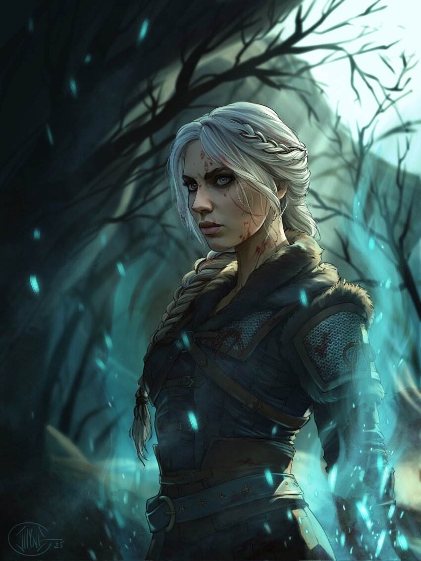 1girl armor bare_tree blood blood_on_face blue_eyes braid braided_ponytail ciri highres illyne_cosplay long_hair magic outdoors ponytail signature solo the_witcher_(series) the_witcher_4 tree upper_body white_hair