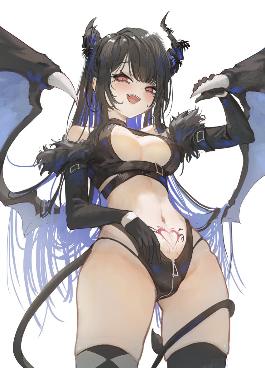 1girl absurdres alternate_costume asymmetrical_horns asymmetrical_legwear bare_shoulders black_hair blue_hair blush breasts colored_inner_hair demon_horns demon_tail demon_wings heart heart_tattoo highres hololive hololive_english horns long_hair looking_at_viewer mismatched_legwear mole mole_under_eye multicolored_hair navel nerissa_ravencroft pubic_tattoo red_eyes simple_background solo tail tattoo thighhighs toripisu two-tone_hair uneven_horns virtual_youtuber white_background wings