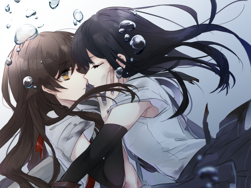 10s 2girls arashio_(kancolle) asashio_(kancolle) bad_id bad_pixiv_id black_hair brown_eyes furumachi furumachi_(_trisannkaku) highres kantai_collection long_hair multiple_girls school_uniform suspenders torn_clothes underwater