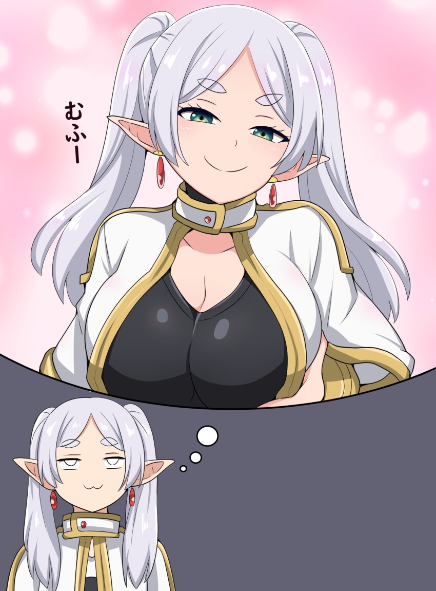 1girl :3 alternate_breast_size black_shirt breasts bright_pupils capelet commentary_request elf frieren gold_trim green_eyes hair_over_shoulder highres large_breasts looking_at_viewer looking_up pointy_ears shirt smile smug sousou_no_frieren speech_bubble suwaneko thought_bubble twintails white_capelet white_hair white_pupils