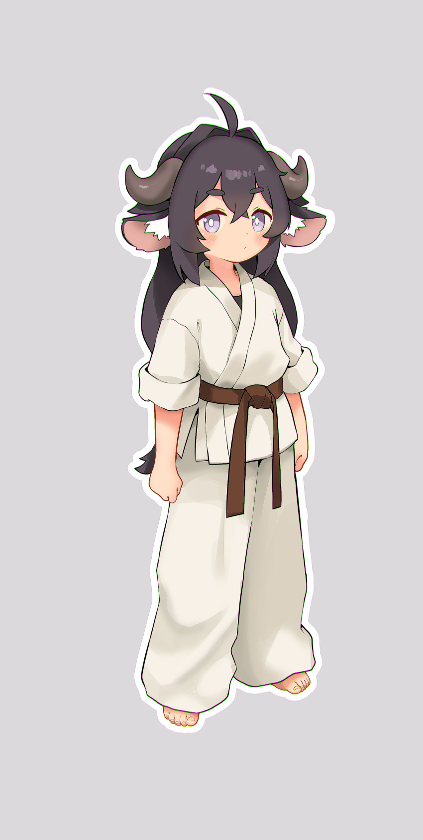 1girl absurdres ahoge animal_ear_fluff animal_ears barefoot belt black_hair bright_pupils brown_belt chinese_commentary chromatic_aberration closed_mouth commentary_request dougi full_body grey_background grey_eyes hair_intakes highres horns kuma-bound long_hair looking_at_viewer martial_arts_belt original outline pants raised_eyebrows simple_background solo standing toes white_outline white_pants white_pupils