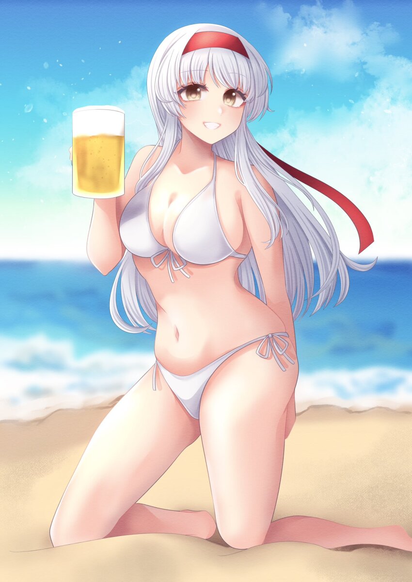 1girl alcohol beach beer beer_mug bikini blue_sky breasts brown_hair cloud commentary_request commission cup day front-tie_bikini_top front-tie_top grin hairband highres horizon kantai_collection kneeling large_breasts long_hair mug nagi_kantai114 ocean outdoors red_hairband shoukaku_(kancolle) side-tie_bikini_bottom skeb_commission sky smile solo swimsuit white_bikini white_hair